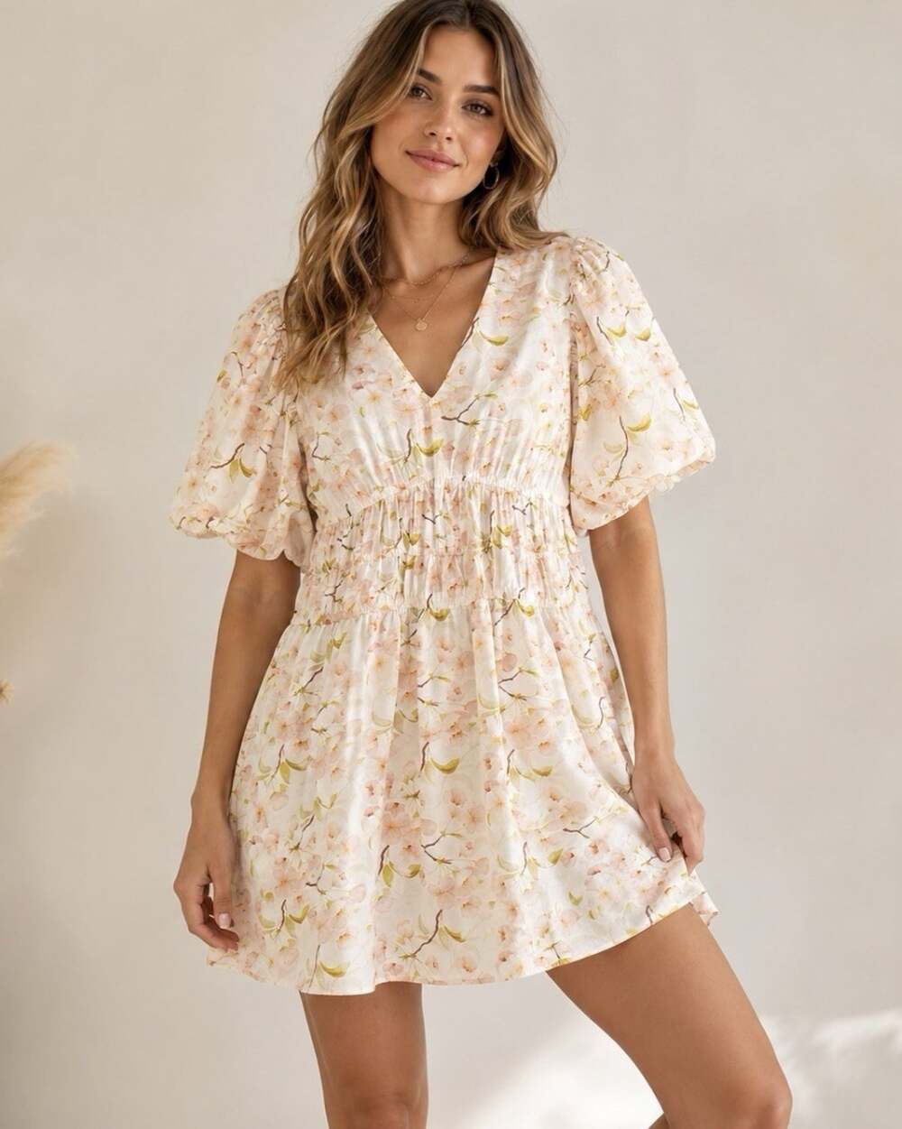 En Saison Floral Mini Dress M Puff Sleeve Shirred Waist Cottagecore Pink